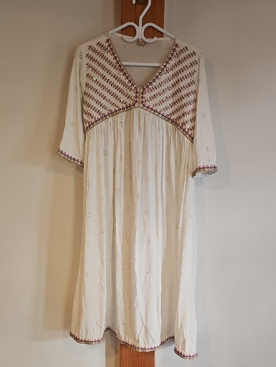 Dresses & Skirts - Boho Ivory Midi Dress with Pink And Gold Embroidery - XL
